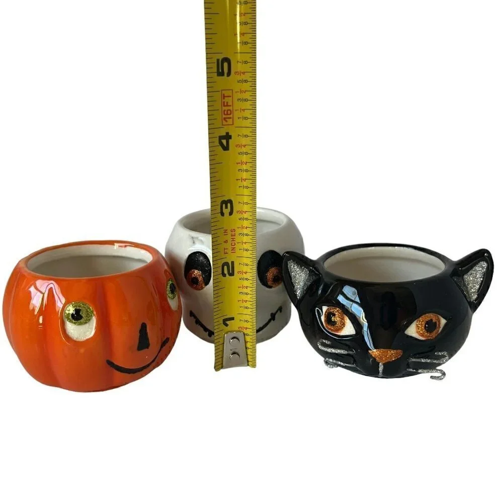 Hallmark Spooky Tea Light Candle Holder Set Cat Pumpkin Skull Figural Halloween